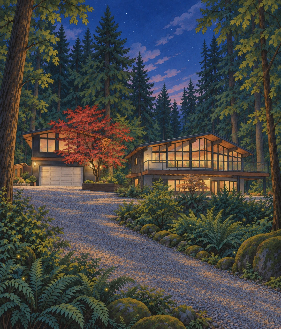 An illustrated forest home at dusk, with warm windows, a garage and loft on the left, and a red Japanese maple between the buildings.